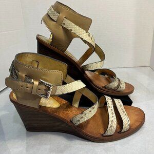 Coach Prue Snake Embossed Leather Wedge Sandals Beige Brown Ankle Strap 10B